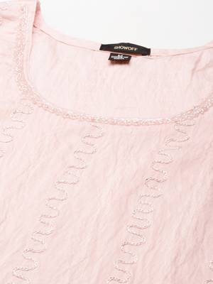 women's calf length scoop neck peach embellished straight kurta 3