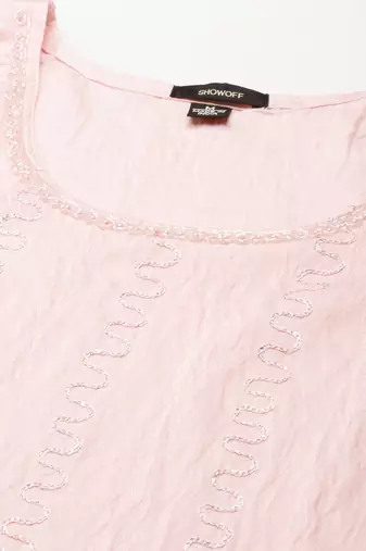 women's calf length scoop neck peach embellished straight kurta