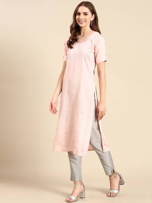 women's calf length scoop neck peach embellished straight kurta 5