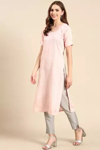 women's calf length scoop neck peach embellished straight kurta