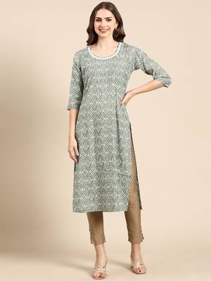 women's calf length scoop neck sea green ethnic motifs straight kurta 1