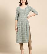 women's calf length scoop neck sea green ethnic motifs straight kurta