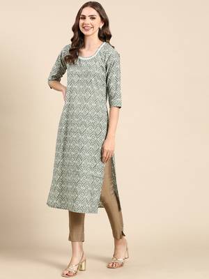 women's calf length scoop neck sea green ethnic motifs straight kurta 4