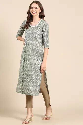women's calf length scoop neck sea green ethnic motifs straight kurta