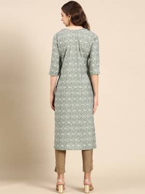 women's calf length scoop neck sea green ethnic motifs straight kurta 5