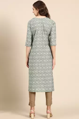 women's calf length scoop neck sea green ethnic motifs straight kurta
