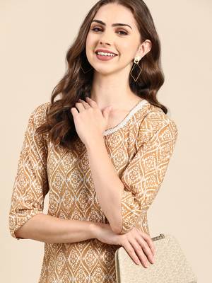 women's calf length scoop neck tan ethnic motifs straight kurta 2