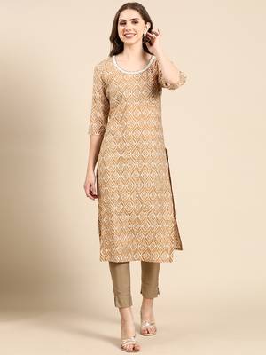 women's calf length scoop neck tan ethnic motifs straight kurta 1