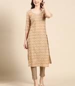 women's calf length scoop neck tan ethnic motifs straight kurta