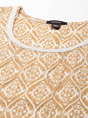 women's calf length scoop neck tan ethnic motifs straight kurta 3