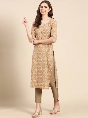 women's calf length scoop neck tan ethnic motifs straight kurta 4