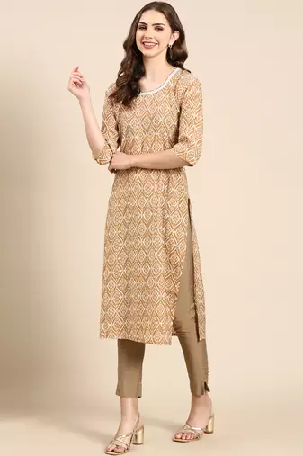 women's calf length scoop neck tan ethnic motifs straight kurta