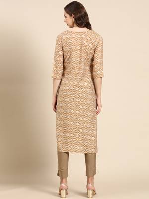 women's calf length scoop neck tan ethnic motifs straight kurta 5