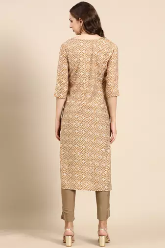women's calf length scoop neck tan ethnic motifs straight kurta
