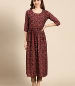 women's calf length scoop neck maroon floral anarkali kurta