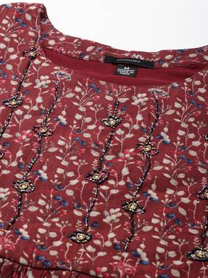 women's calf length scoop neck maroon floral anarkali kurta 3