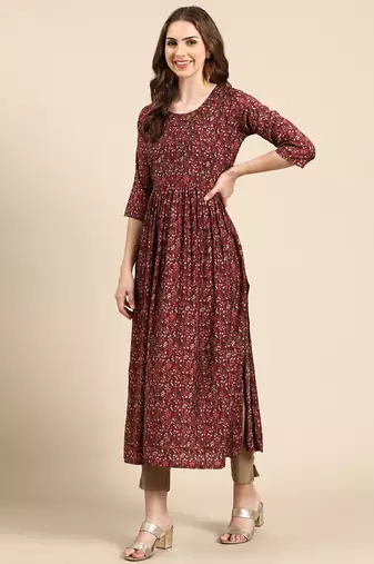 women's calf length scoop neck maroon floral anarkali kurta