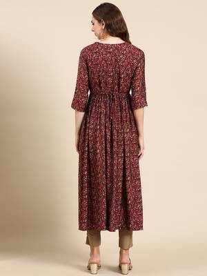 women's calf length scoop neck maroon floral anarkali kurta 5