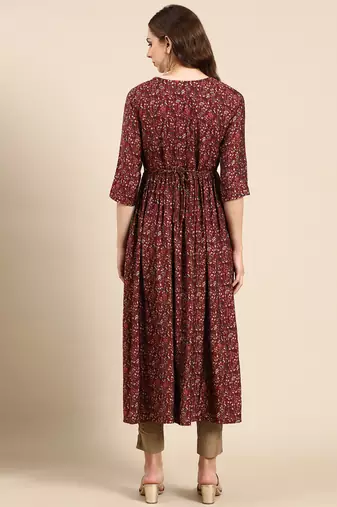 women's calf length scoop neck maroon floral anarkali kurta