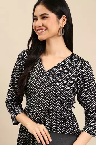 women's calf length v-neck navy blue chevron a-line kurta