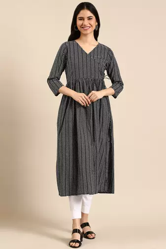 women's calf length v-neck navy blue chevron a-line kurta