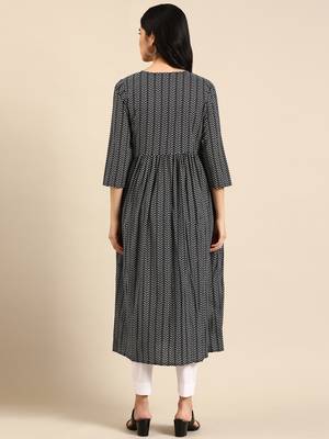 women's calf length v-neck navy blue chevron a-line kurta 5