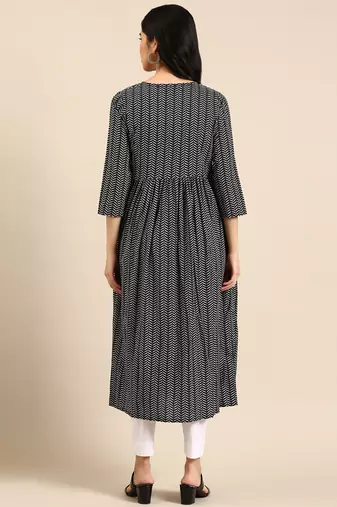 women's calf length v-neck navy blue chevron a-line kurta