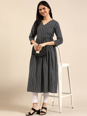women's calf length v-neck navy blue chevron a-line kurta 1