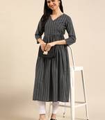 women's calf length v-neck navy blue chevron a-line kurta