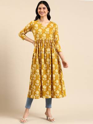 Showoff women's calf length v-neck mustard floral a-line kurta 4