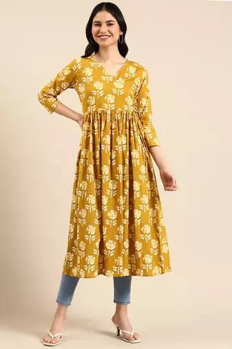 Showoff women's calf length v-neck mustard floral a-line kurta
