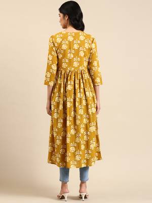 Showoff women's calf length v-neck mustard floral a-line kurta 5
