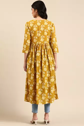 Showoff women's calf length v-neck mustard floral a-line kurta