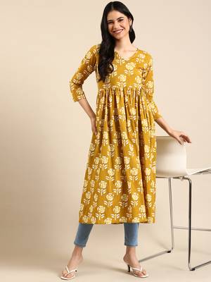 Showoff women's calf length v-neck mustard floral a-line kurta 1