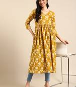 Showoff women's calf length v-neck mustard floral a-line kurta