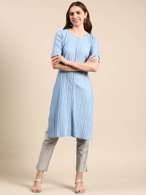 women's knee length scoop neck blue striped straight kurta 1