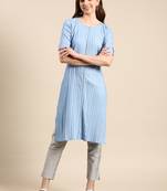 women's knee length scoop neck blue striped straight kurta