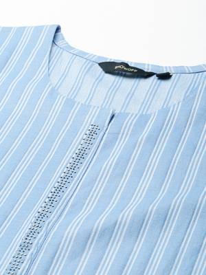 women's knee length scoop neck blue striped straight kurta 3