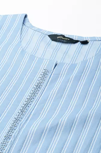 women's knee length scoop neck blue striped straight kurta