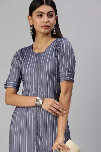women's calf length round neck navy blue striped straight kurta