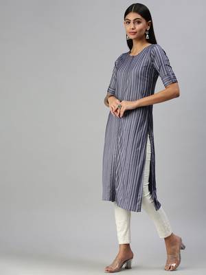 women's calf length round neck navy blue striped straight kurta 3