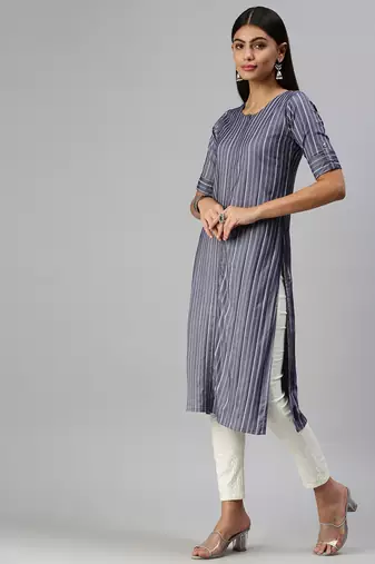 women's calf length round neck navy blue striped straight kurta