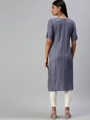 women's calf length round neck navy blue striped straight kurta 4