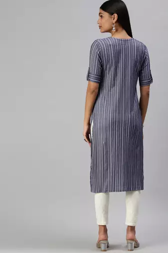 women's calf length round neck navy blue striped straight kurta