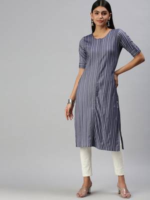 women's calf length round neck navy blue striped straight kurta 5