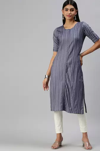 women's calf length round neck navy blue striped straight kurta