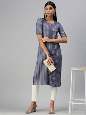 women's calf length round neck navy blue striped straight kurta 1
