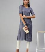 women's calf length round neck navy blue striped straight kurta