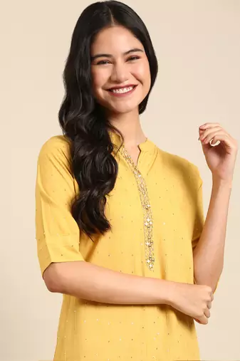 women's calf length mandarin collar mustard embellished straight kurta