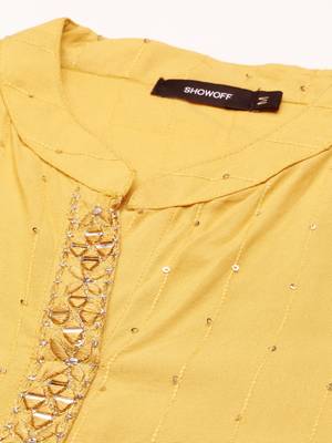 women's calf length mandarin collar mustard embellished straight kurta 3